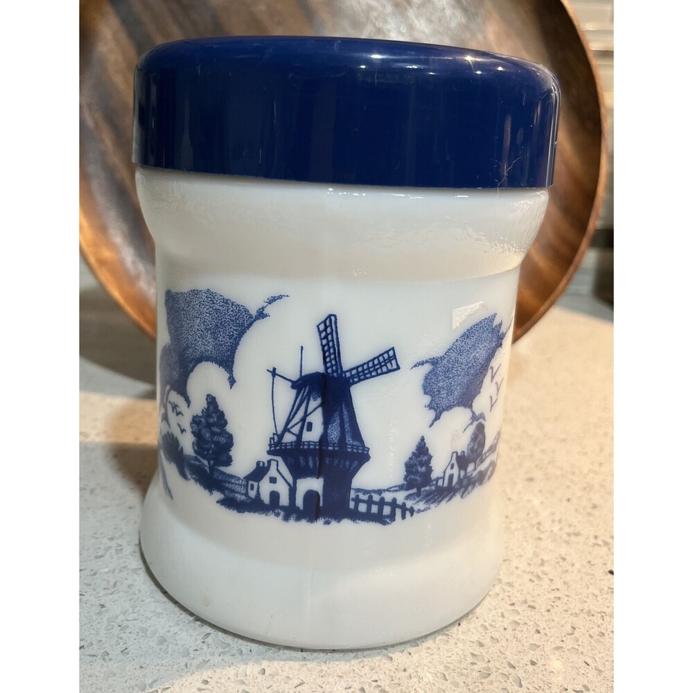 Vintage Holland Delft Blue & White  Milk Glass Canister w/ Lid